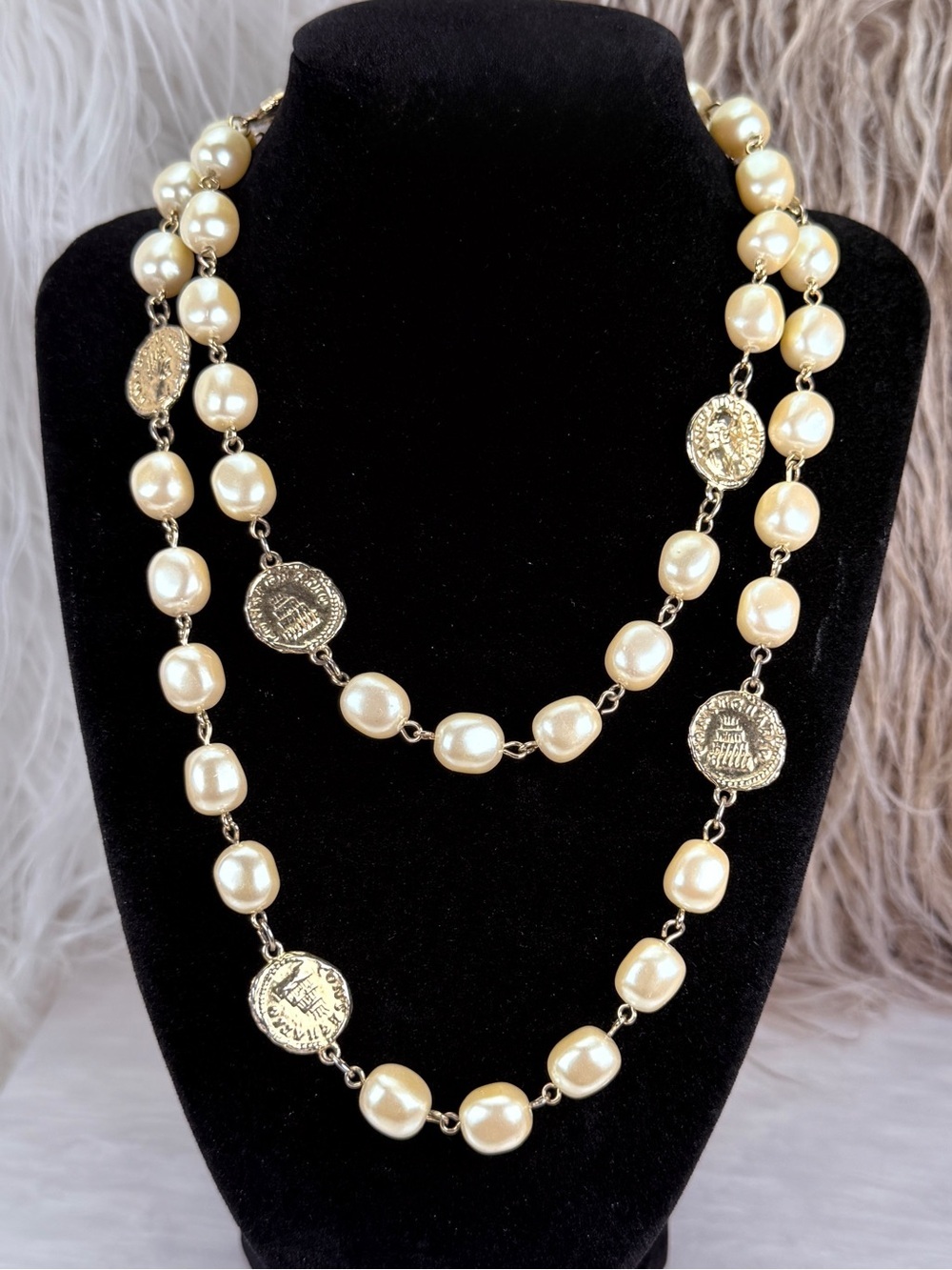 Vintage Gold Tone Faux Pearl & Roman Coin Long Necklace